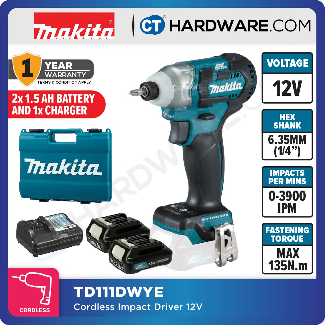 Makita TD111DSME/ DWAE/ DWYE/ DZ CXT 12Vmax Cordless Brushless Impact Driver 1/4" 135NM (Body Only | 2-Battery)