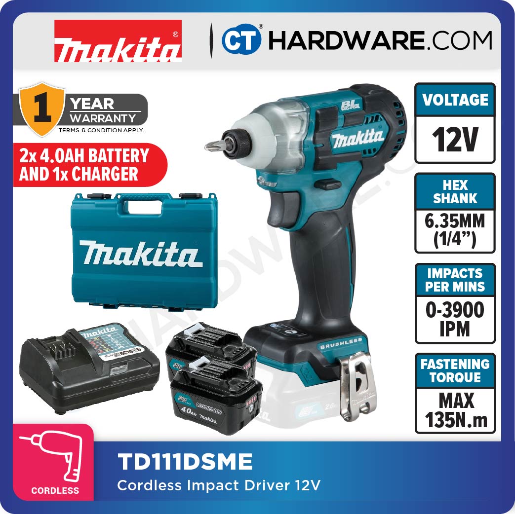 Makita TD111DSME/ DWAE/ DWYE/ DZ CXT 12Vmax Cordless Brushless Impact Driver 1/4" 135NM (Body Only | 2-Battery)