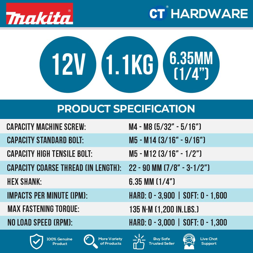 Makita TD111DSME/ DWAE/ DWYE/ DZ CXT 12Vmax Cordless Brushless Impact Driver 1/4" 135NM (Body Only | 2-Battery)