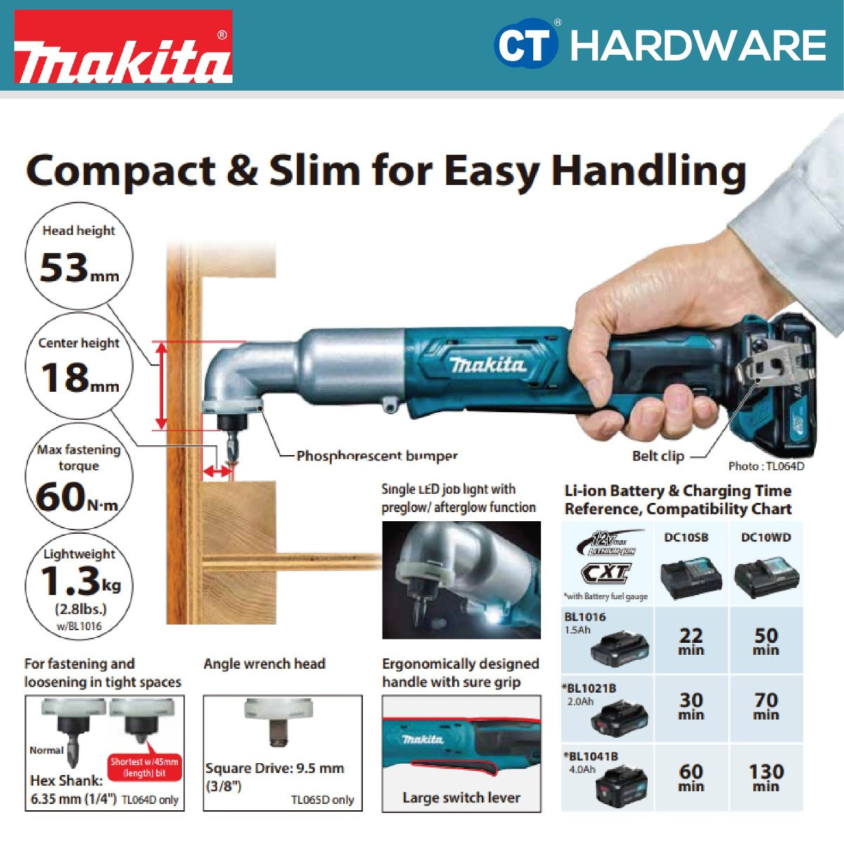 Makita TL064DWAE CXT 12Vmax Cordless Angle Impact Driver 1/4" 60NM Incl. 2x 2.0Ah Battery, 1x Charger