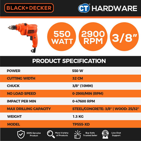 BLACK+DECKER TP555KPR 10MM HAMMER DRILL 550W WITH ACCESSORIES