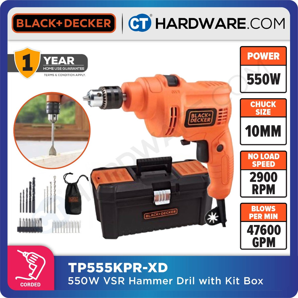 BLACK+DECKER TP555KPR 10MM HAMMER DRILL 550W WITH ACCESSORIES