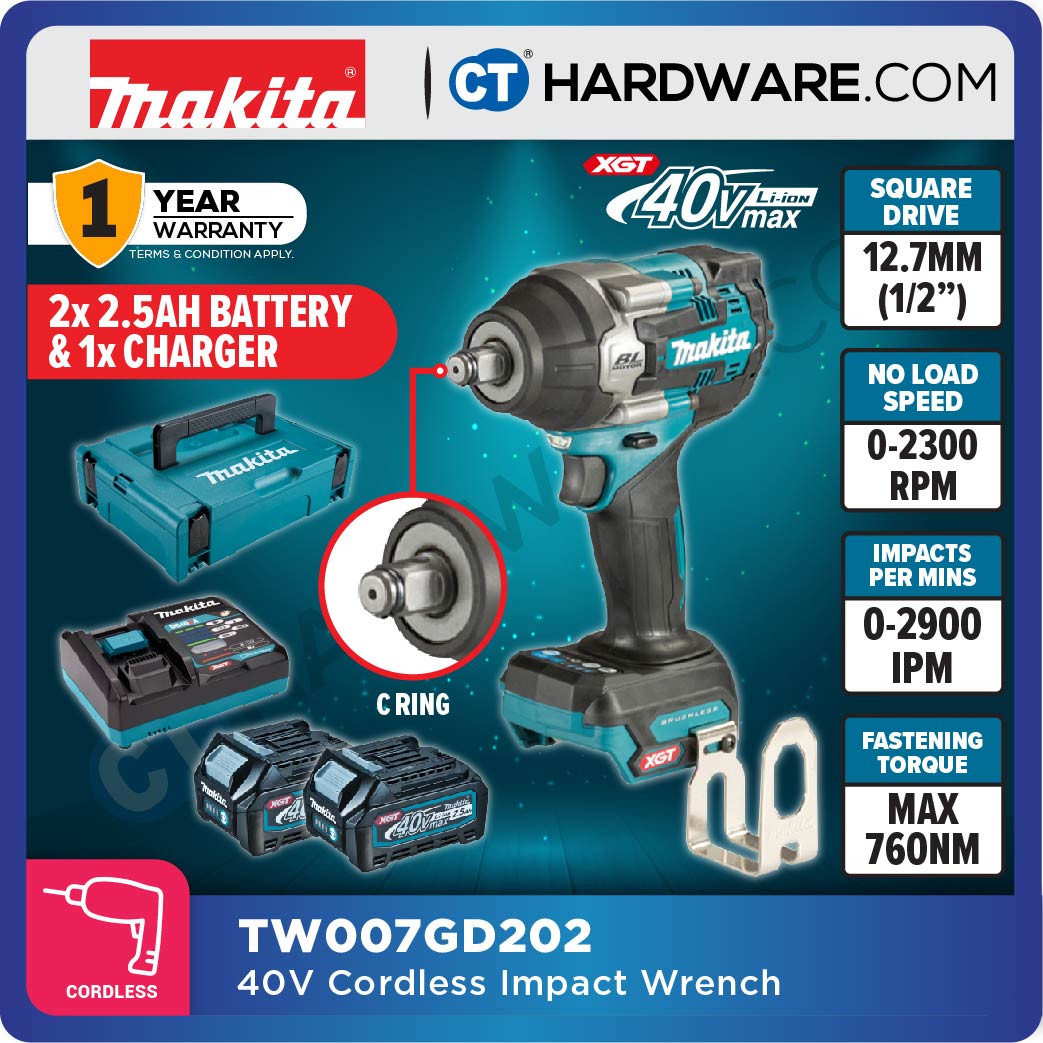 Makita TW007GM204/ GD202/ GZ02 XGT 40Vmax Cordless Brushless Impact Wrench 1/2" 760NM (Body Only | 2-Battery)