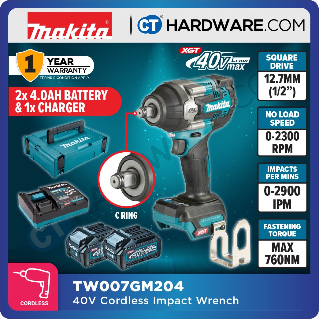 Makita TW007GM204/ GD202/ GZ02 XGT 40Vmax Cordless Brushless Impact Wrench 1/2" 760NM (Body Only | 2-Battery)