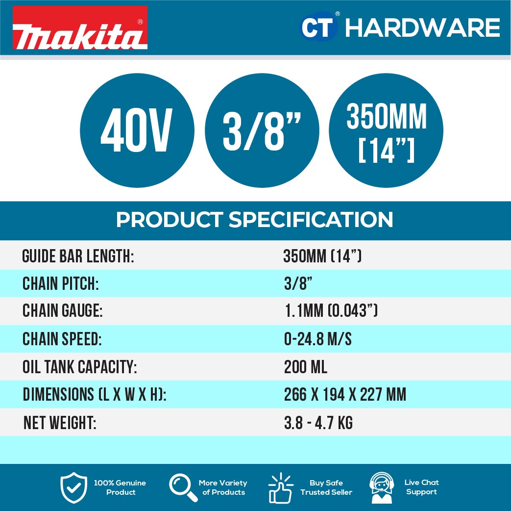 Makita UC004GM101/ GZ XGT 40Vmax Cordless Brushless Chain Saw 14" 350mm (Body Only | 1-Battery)