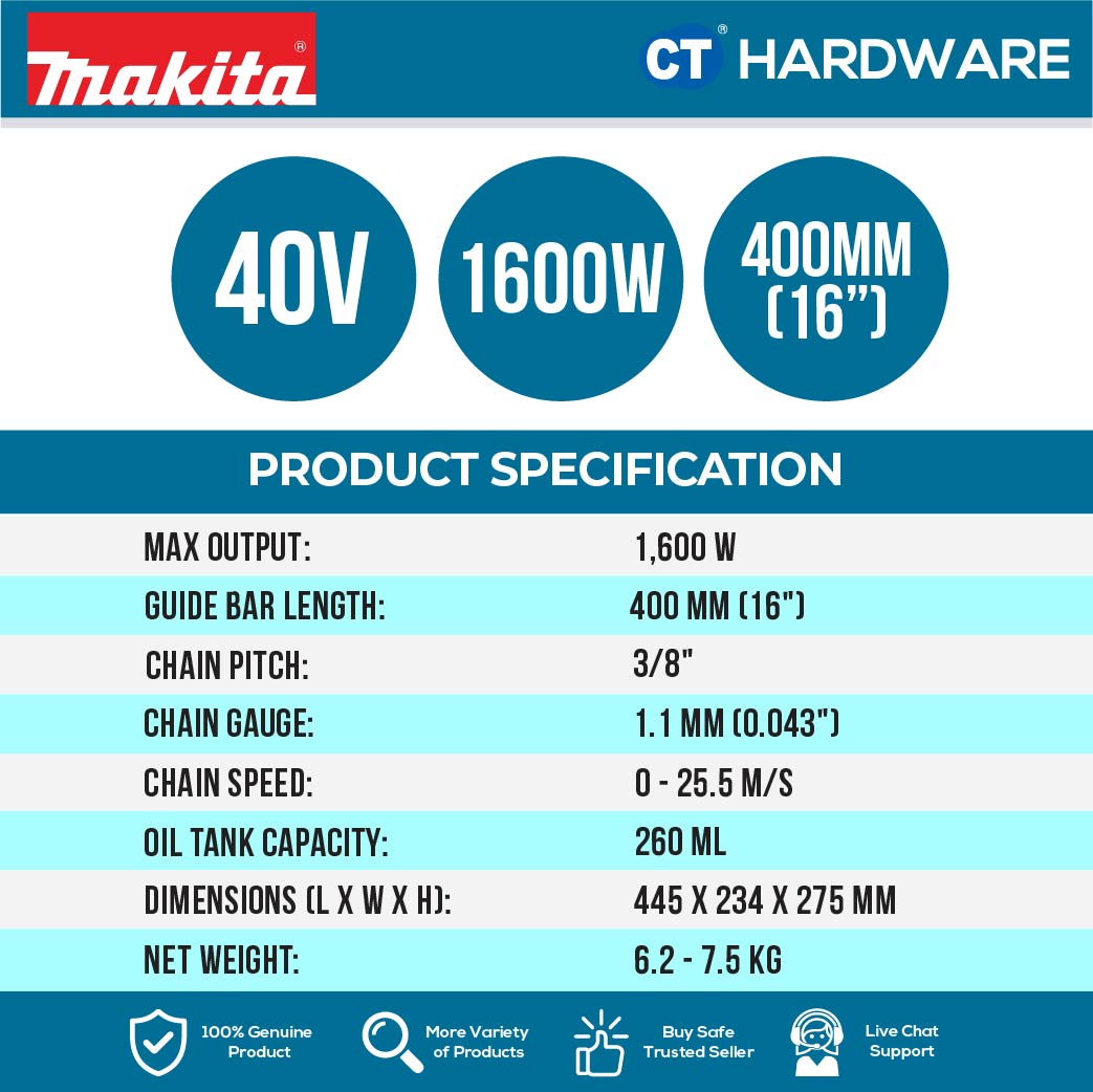 Makita UC016GT101/ GZ XGT 40Vmax Cordless Brushless Chain Saw 16" 400mm (Body Only | 1-Battery)