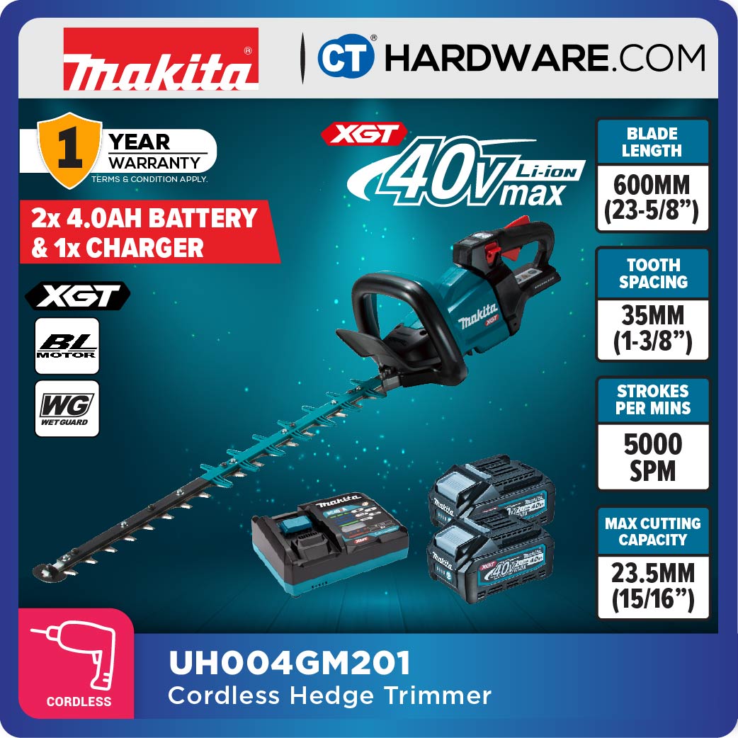 Makita UH004GM201/ GZ XGT 40Vmax Cordless Brushless Hedge Trimmer 3-Speed 600mm (Body Only | 2-Battery)