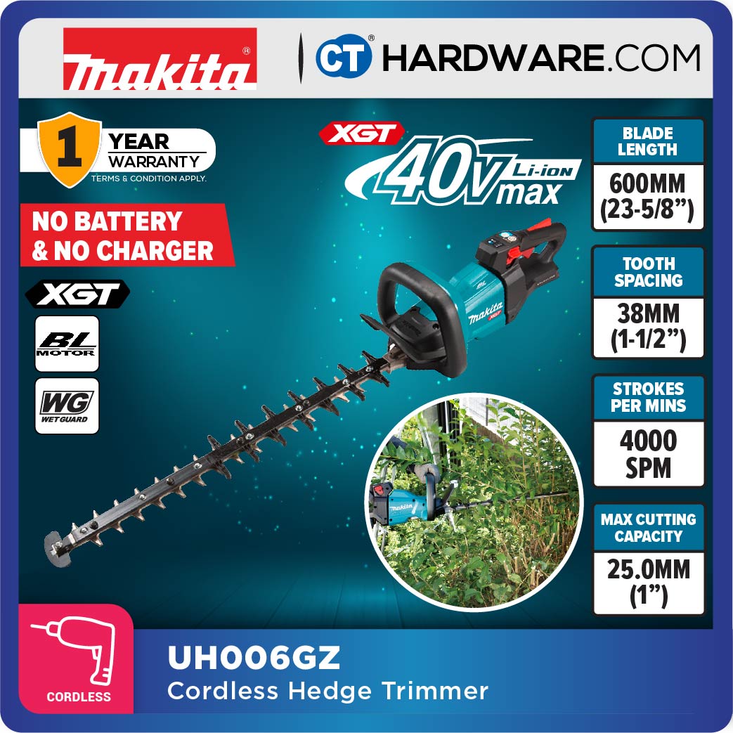 Makita UH006GM201/ GZ XGT 40Vmax Cordless Brushless Hedge Trimmer 3-Speed 600mm (Body Only | 2-Battery)