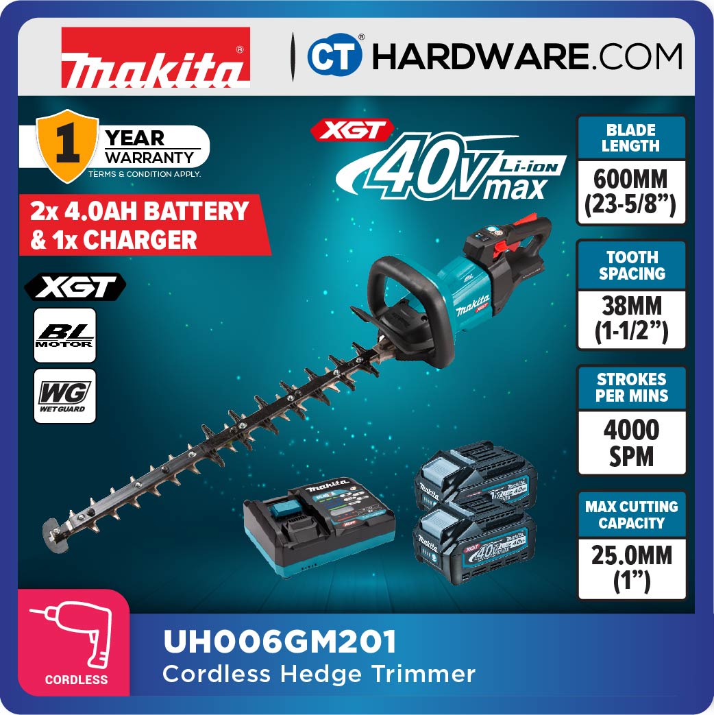 Makita UH006GM201/ GZ XGT 40Vmax Cordless Brushless Hedge Trimmer 3-Speed 600mm (Body Only | 2-Battery)