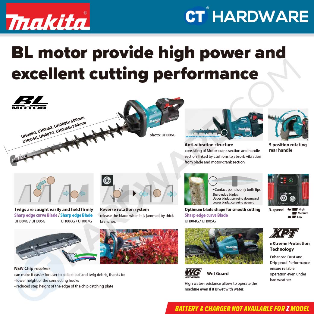 Makita UH006GM201/ GZ XGT 40Vmax Cordless Brushless Hedge Trimmer 3-Speed 600mm (Body Only | 2-Battery)