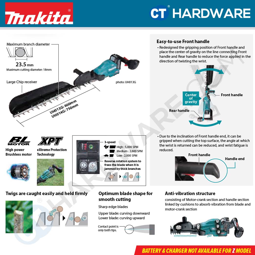 Makita UH014GM101/ GZ XGT 40Vmax Cordless Brushless Hedge Trimmer 3-Speed 750mm (Body Only | 1-Battery)