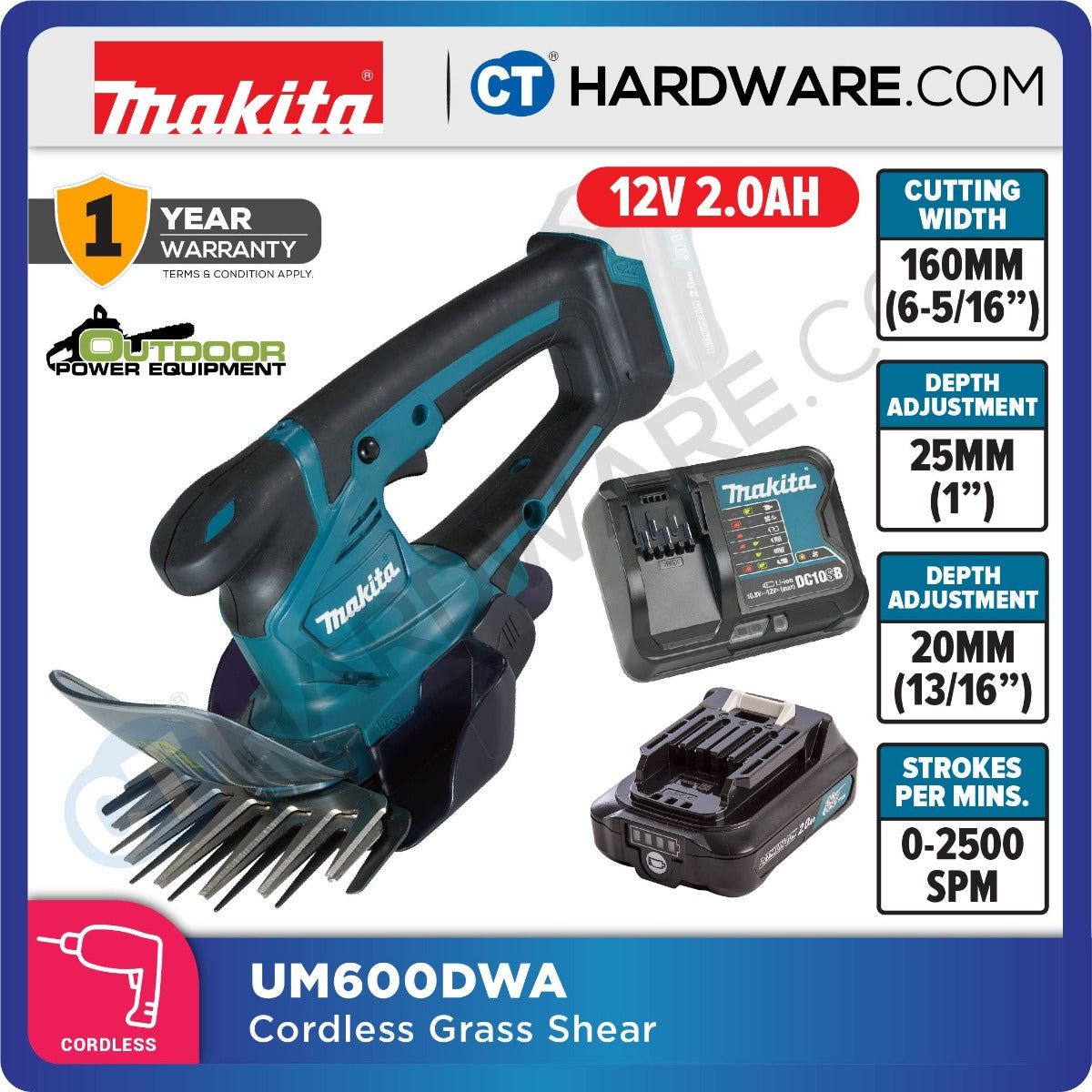 Makita UM600DWA CXT 12Vmax Cordless Grass Shear 160mm Incl. 1x 2.0Ah Battery, 1x Charger