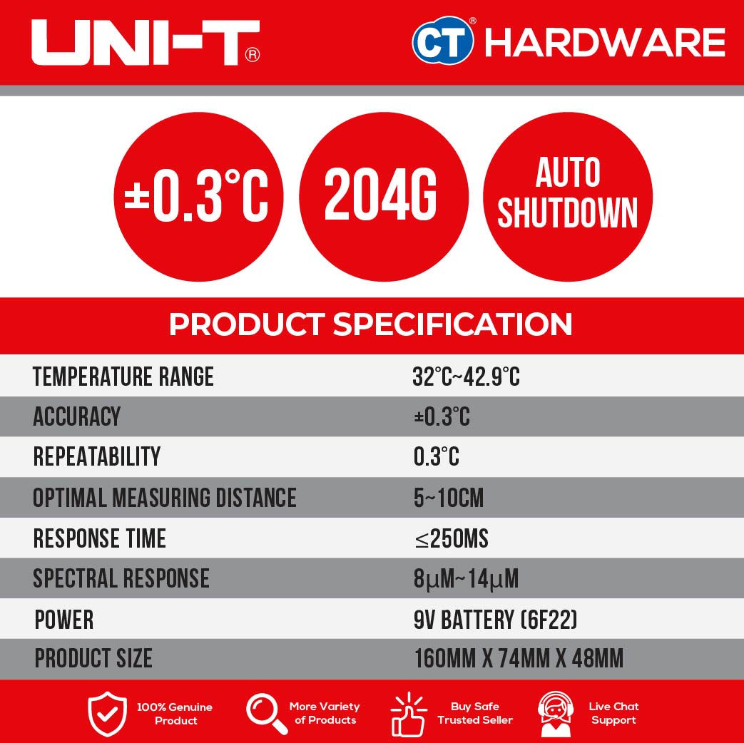UNI-T UT305H INFRARED THERMOMETER 32 - 42.9 DEGREE CELSIUS DISTANCE 5-10CM, SOUND ALARM TRIGGER
