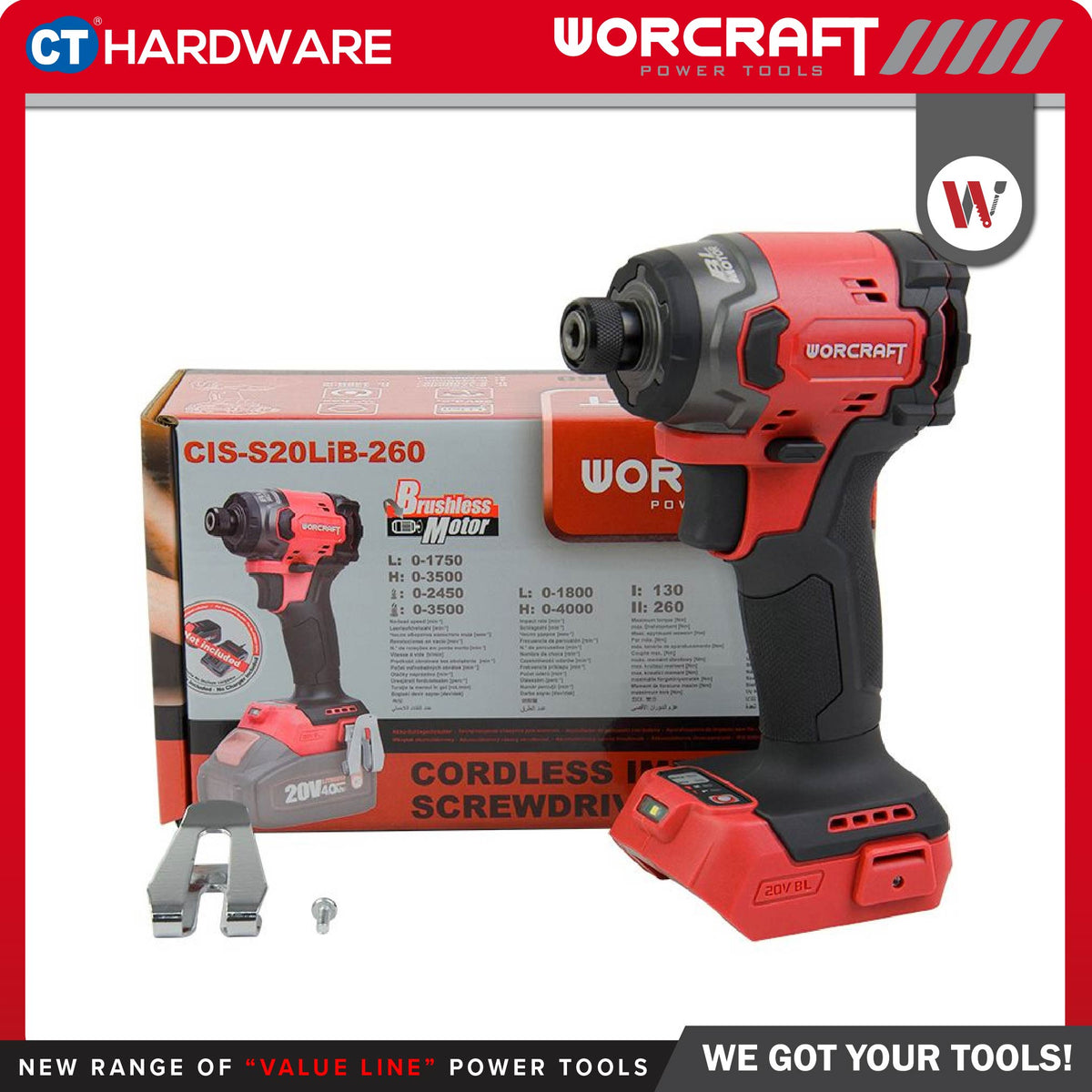 Worcraft CIS-S20LiB-260 20V Cordless Brushless Impact Screwdriver 1/4" 100/260Nm