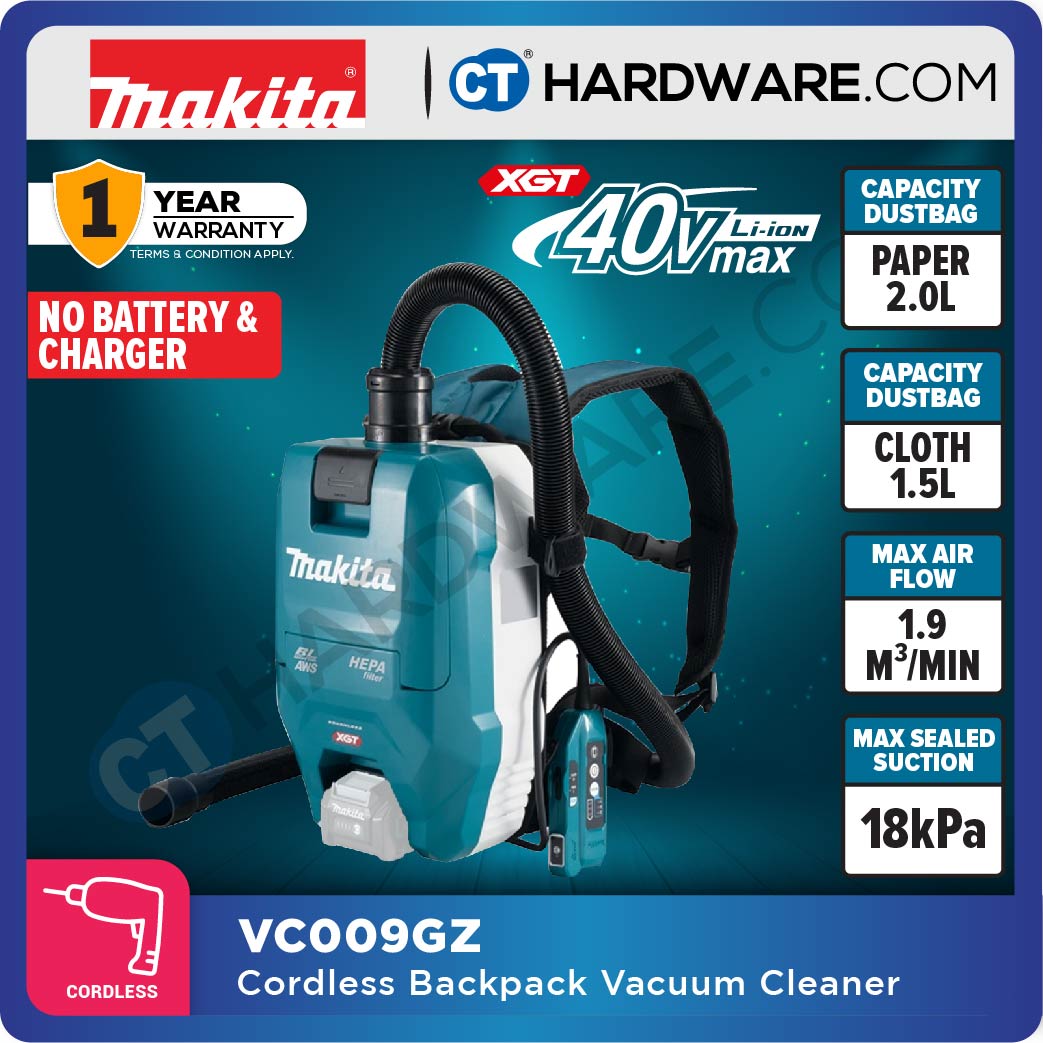 Makita VC009GZ XGT 40Vmax Cordless Brushless BackPack AWS Vacuum Cleaner 2L 18kPa (Body Only)