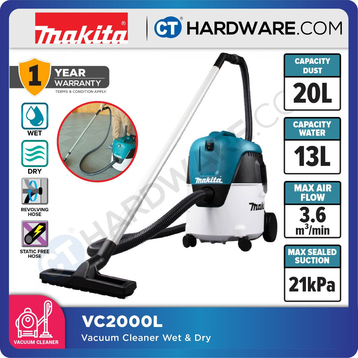 Makita VC2000L Wet & Dry Vacuum Cleaner 1000W 20L Tank