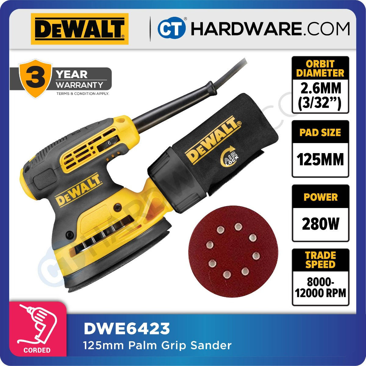 DEWALT DWE6423-B1 CORDED ORBIT PALM SANDER 3/32MM | 280W | 8000-12,000 OPM ( 125MM )