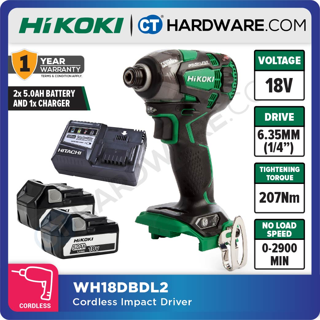 HIKOKI WH18DBDL2 CORDLESS IMPACT DRIVER 18V | 207Nm COME WITH 2x 5.0Ah BATTERY & 1x CHARGER