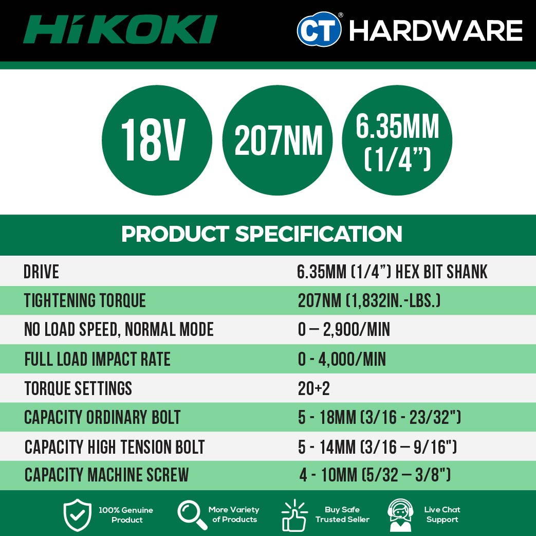 HIKOKI WH18DBDL2 CORDLESS IMPACT DRIVER 18V | 207Nm COME WITH 2x 5.0Ah BATTERY & 1x CHARGER