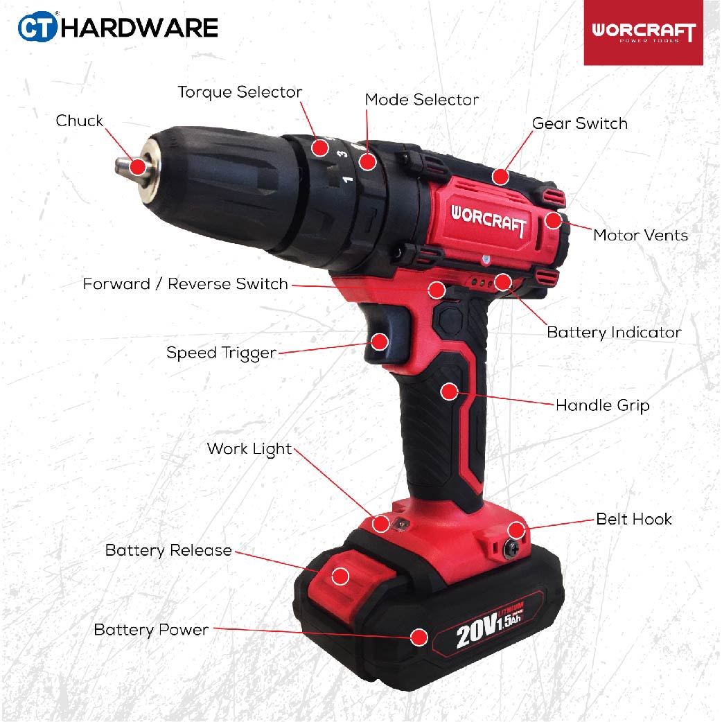 WORCRAFT CD20LiP CORDLESS IMPACT DRILL 20V, 2 x 1.5AH BATTERY & 1x CHARGER & ACCESSORIES