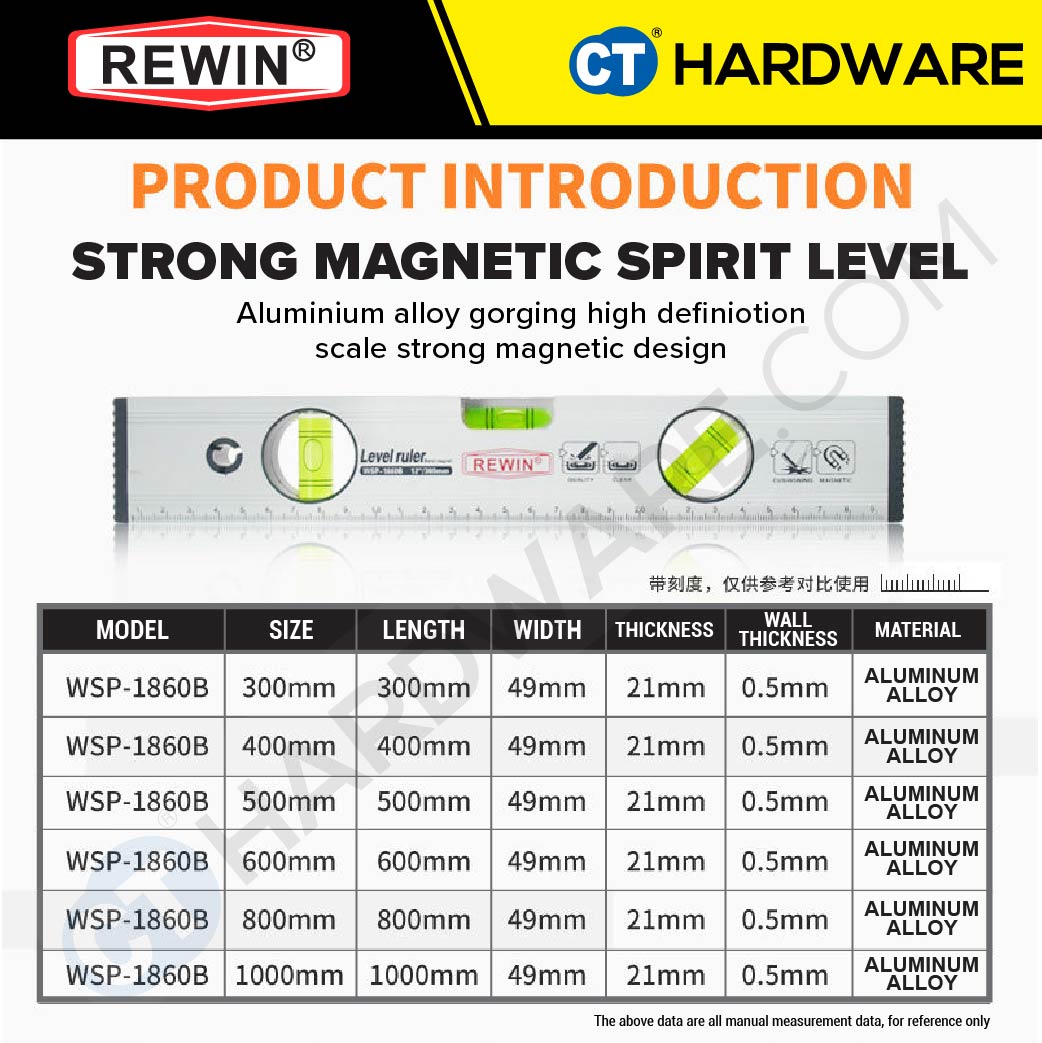 REWIN WSP1860B MAGNETIC ALUMINUM LEVEL 300MM | 400MM | 500MM | 600MM | 800MM | 1000MM