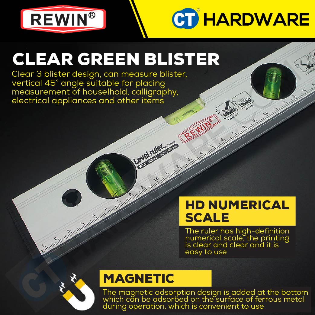 REWIN WSP1860B MAGNETIC ALUMINUM LEVEL 300MM | 400MM | 500MM | 600MM | 800MM | 1000MM