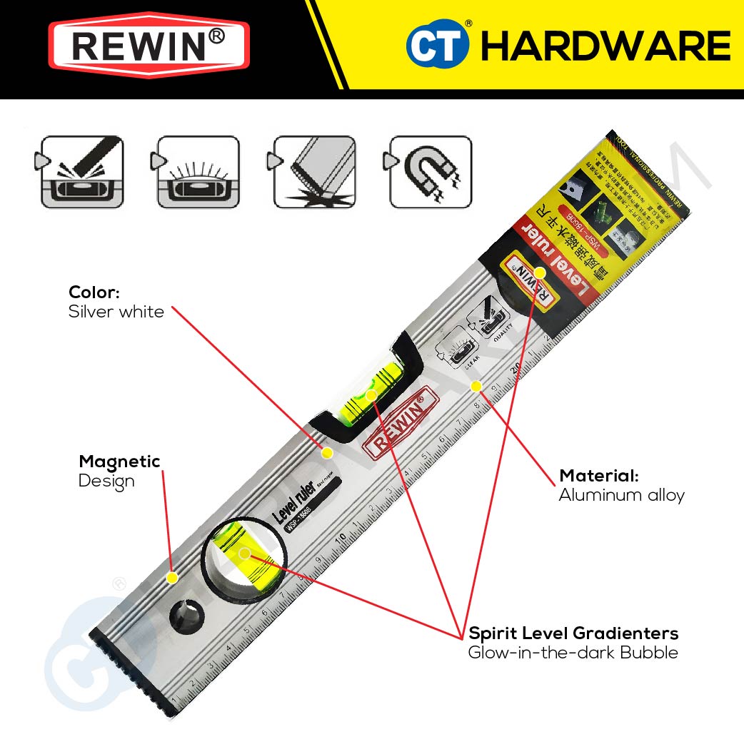 REWIN WSP1860B MAGNETIC ALUMINUM LEVEL 300MM | 400MM | 500MM | 600MM | 800MM | 1000MM
