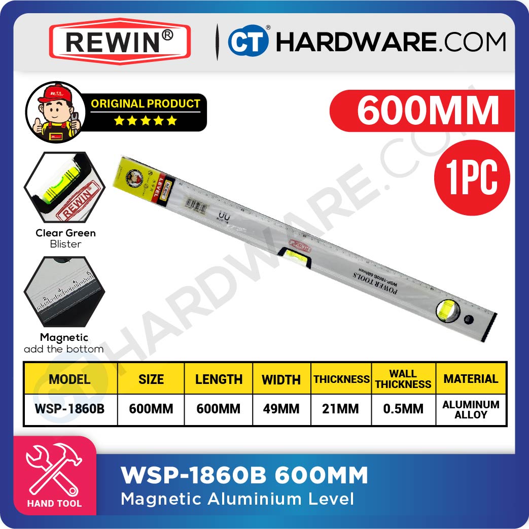 REWIN WSP1860B MAGNETIC ALUMINUM LEVEL 300MM | 400MM | 500MM | 600MM | 800MM | 1000MM