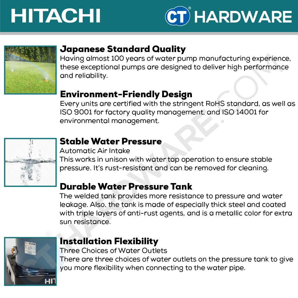 HITACHI WTP150XS AUTOMATIC WATER PUMP TANK TYPE FOR SHALLOW WELLS 1" | 150W | 46L/M | 8M/S | 14M/H (ROUND TYPE)