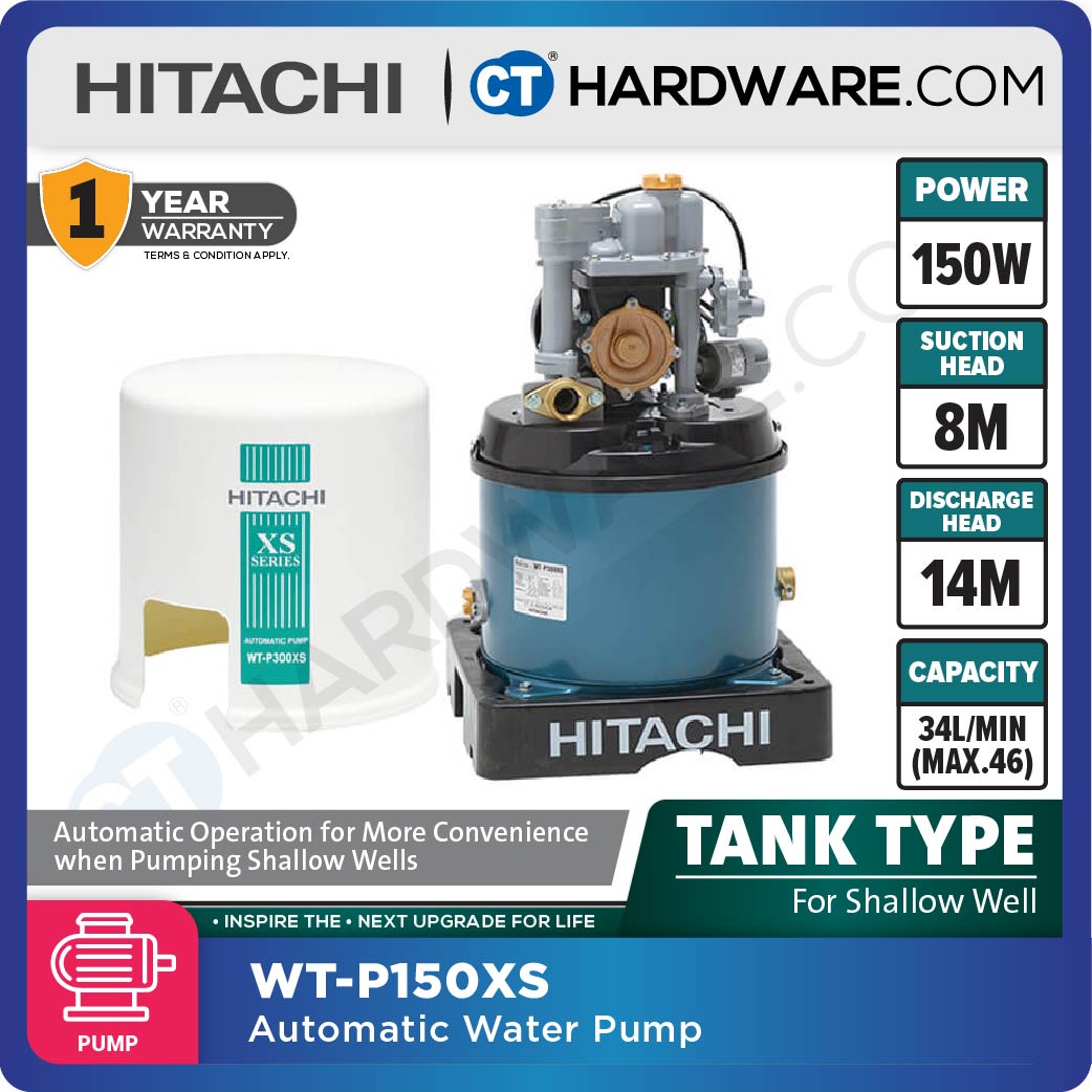 HITACHI WTP150XS AUTOMATIC WATER PUMP TANK TYPE FOR SHALLOW WELLS 1" | 150W | 46L/M | 8M/S | 14M/H (ROUND TYPE)