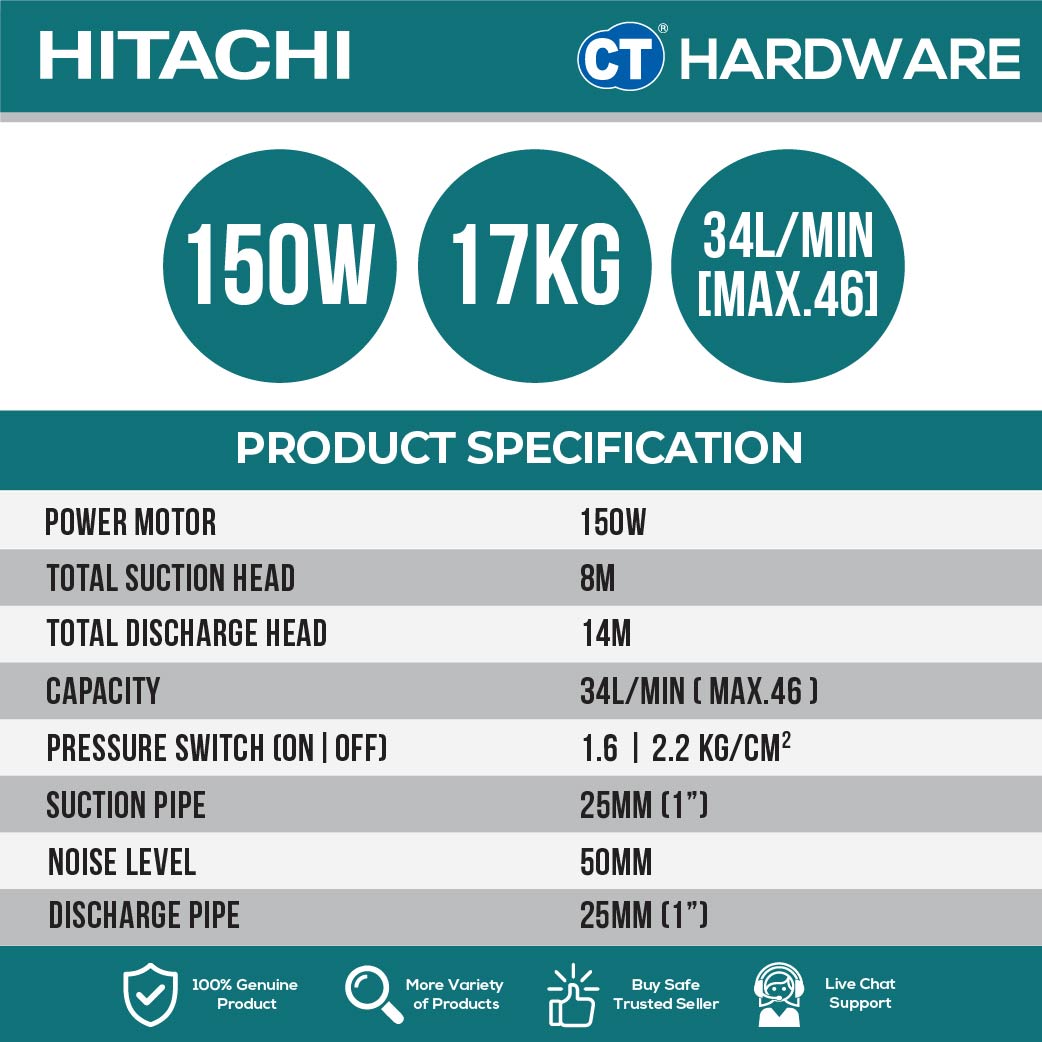 HITACHI WTP150XS AUTOMATIC WATER PUMP TANK TYPE FOR SHALLOW WELLS 1" | 150W | 46L/M | 8M/S | 14M/H (ROUND TYPE)