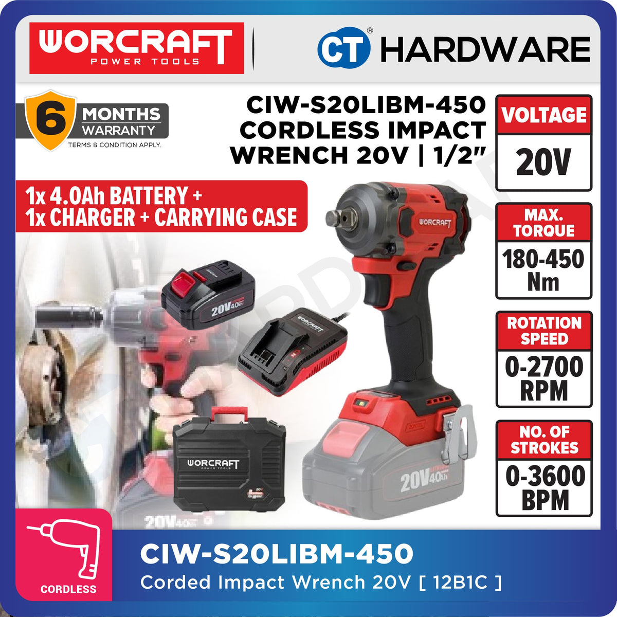 Worcraft CIW-S20LiB-450 20V Cordless Brushless Impact Wrench 1/2" 450Nm