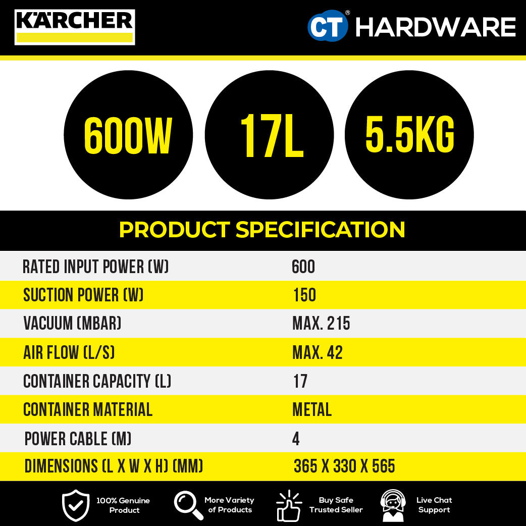 Karcher AD4 PREMIUM Bagless Ash & Dry Vacuum Cleaner 600W 17l [AD4PREMIUM | 16297310]