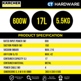 Karcher AD4 PREMIUM Bagless Ash & Dry Vacuum Cleaner 600W 17l [AD4PREMIUM | 16297310]