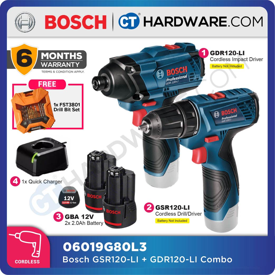 [COMBO-KIT] Bosch 06019G80L3 Cordless GSR 120-LI Drill/Driver + GDR 120-LI Impact Driver 12V in Carrying Case