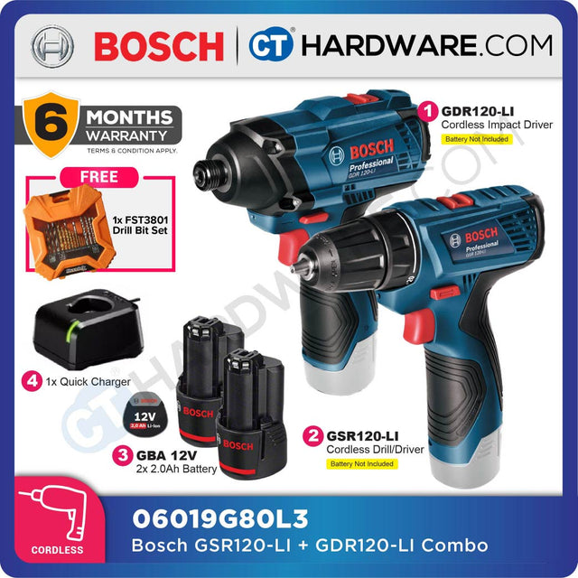 Bosch GDR 120-LI cordless impact driver and GSR 120-LI cordless drill driver 12V combo kit with batteries and charger