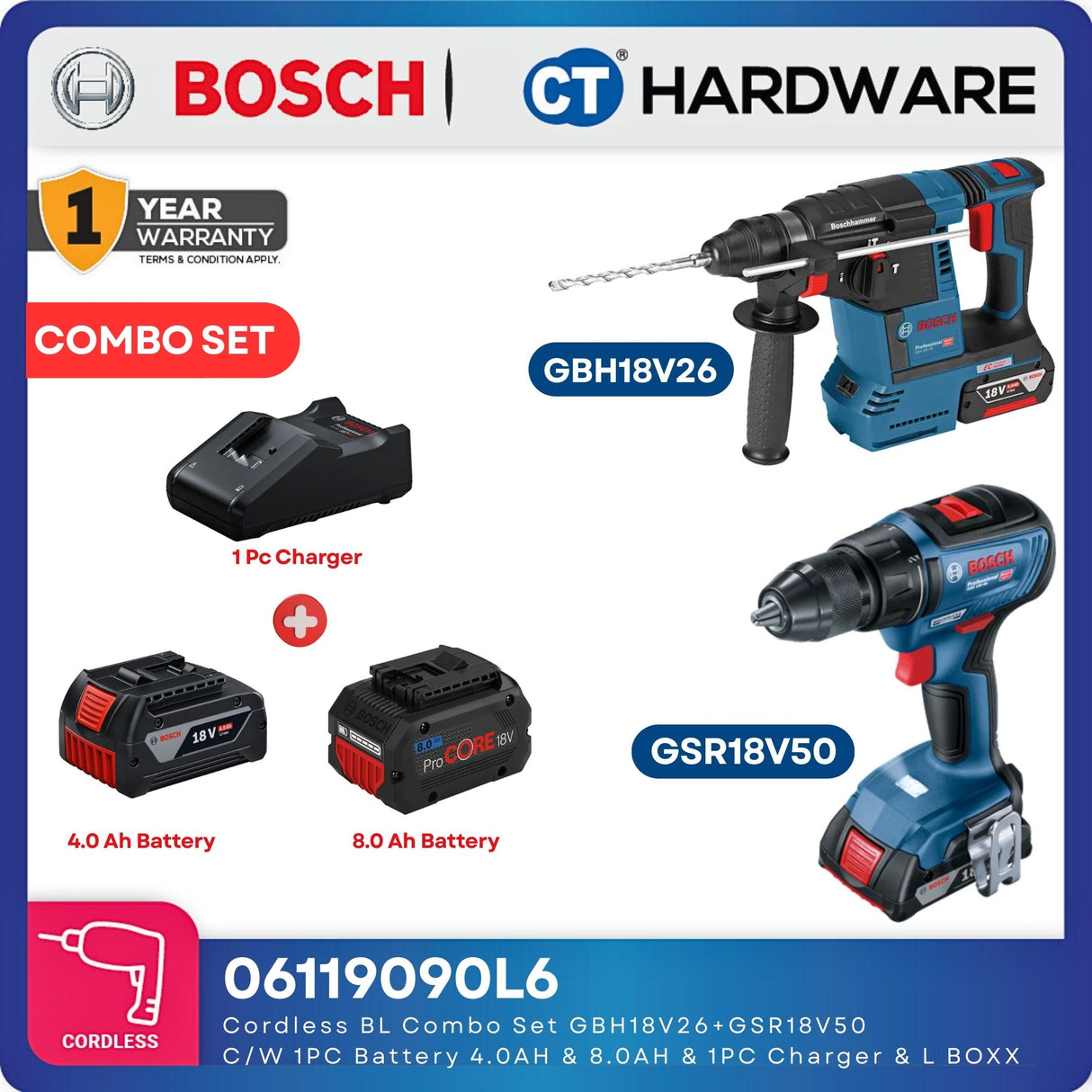 Bosch 06119090L6 Cordless BL Combo Set GBH18V26 + GSR18V50 with 4.0Ah & 8.0Ah Batteries, Charger & L-BOXX