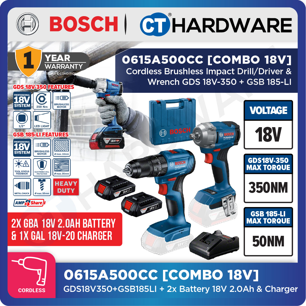 Bosch 0615A500CC Cordless 18V Combo Kit GDS 18V-350 Impact Wrench + GSB 185-LI Impact Drill Incl. 2x 2.0Ah Battery & Charger