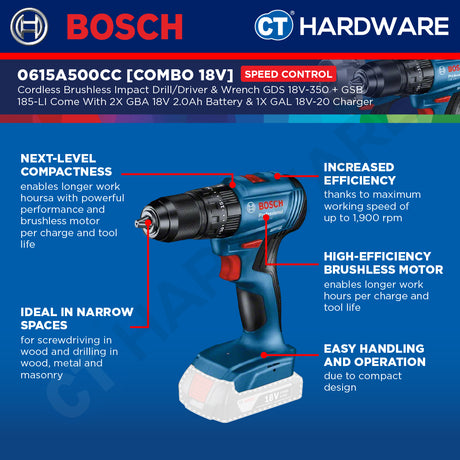 Bosch 0615A500CC Cordless 18V Combo Kit GDS 18V-350 Impact Wrench + GSB 185-LI Impact Drill Incl. 2x 2.0Ah Battery & Charger