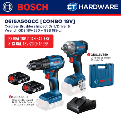 Bosch 0615A500CC Cordless 18V Combo Kit GDS 18V-350 Impact Wrench + GSB 185-LI Impact Drill Incl. 2x 2.0Ah Battery & Charger