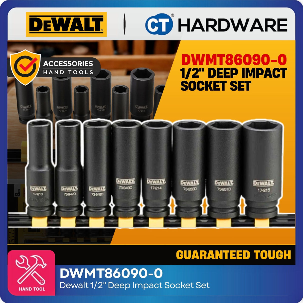 DEWALT DWMT86090-0 1/2" Drive Deep Impact Socket Set | 8-Piece Metric 6-Point Impact Socket Set