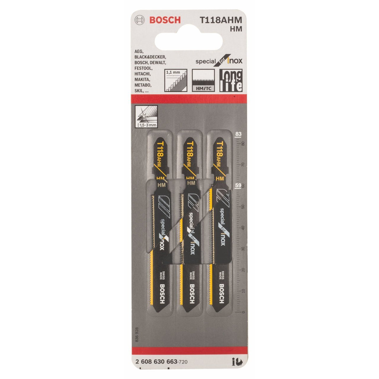 Bosch T118AHM Jigsaw Blades - For Stainless Steel (3 Piece) 2608630663