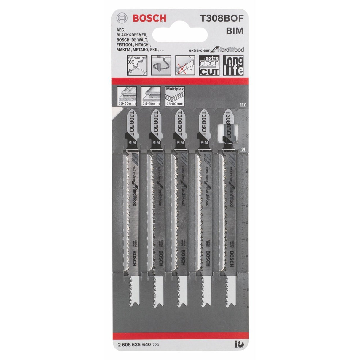 BOSCH T308BOF Jigsaw Blades - Extra Clean For Hardwood (5 Pack) 2608636640