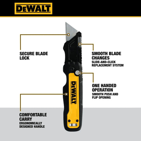 DEWALT DWHT10991 Push & Flip Folding Utility Knife | Folding Box Cutter | Quick Change Blade | Original