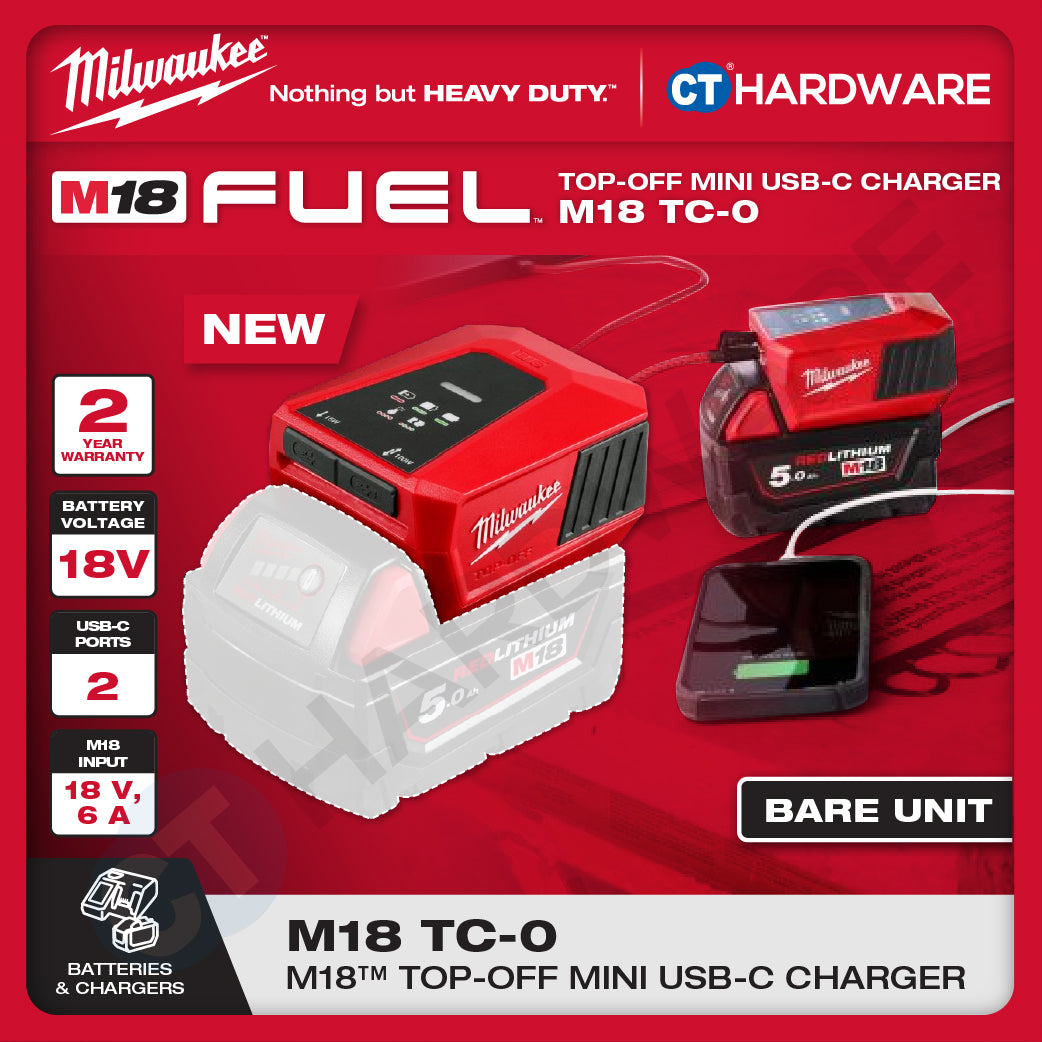 Milwaukee M18 TC-0, Top-Off Mini USB-C Charger With FREE 1x M18 5.0Ah M18 B5 Battery | BARE UNIT