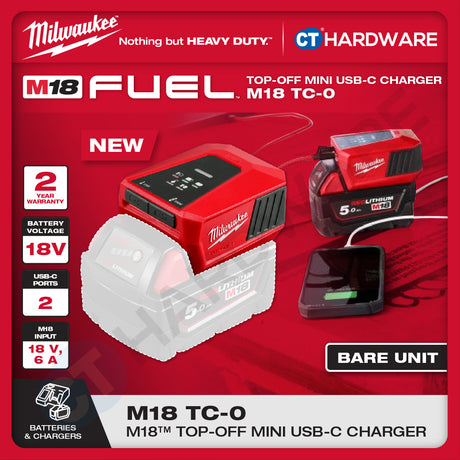 Milwaukee M18 TC-0, Top-Off Mini USB-C Charger With FREE 1x M18 5.0Ah M18 B5 Battery | BARE UNIT