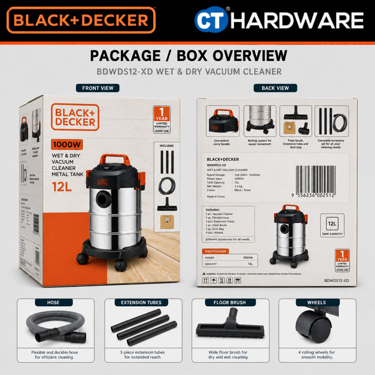 BLACK+DECKER BDWDS12-XD 1000W 12L Wet & Dry Vacuum Cleaner with Blower | Stainless Steel 3-in-1
