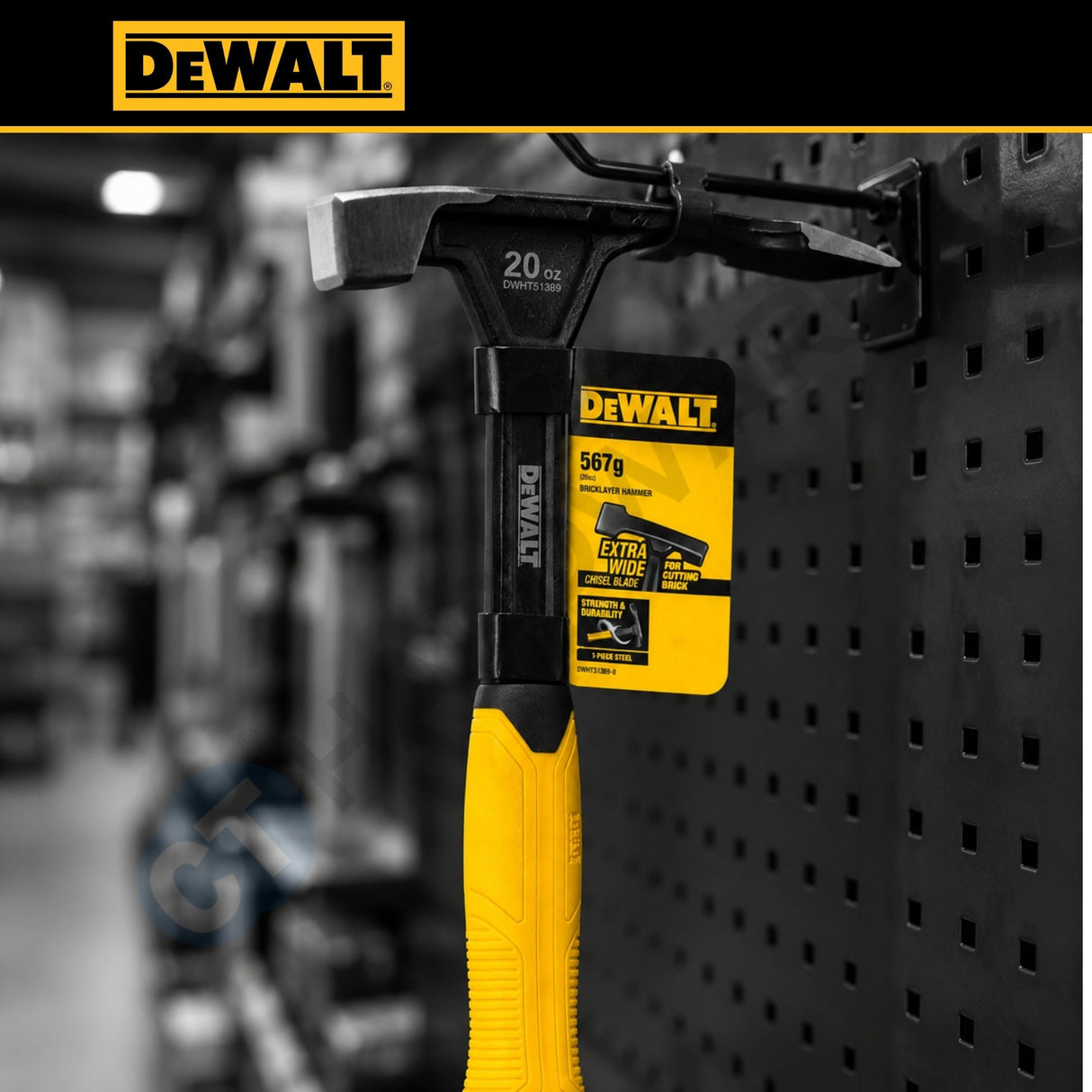 DEWALT DWHT51389-0 20oz Bricklayer Hammer | One-Piece Steel Masonry Hammer with Extra-Wide Chisel Blade