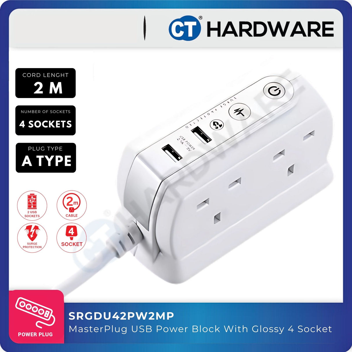 Masterplug  SRGDU42PW2MP 4-Socket Power Block USB Glossy Finish