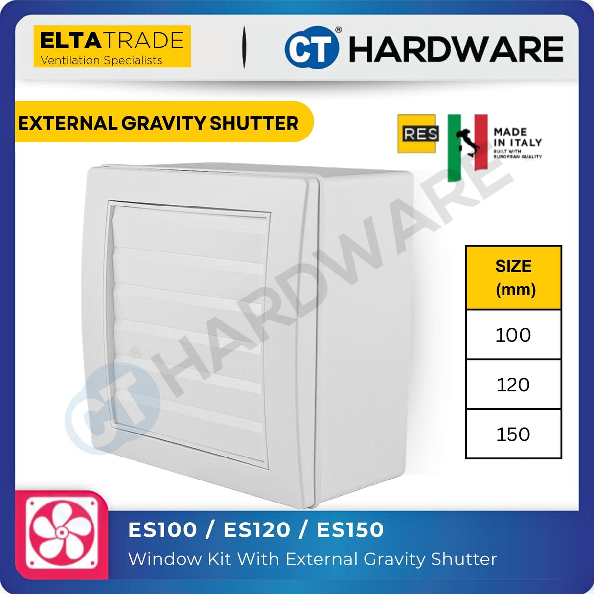 Elta Trade Fantech ES100 / ES120 / ES150 Window Kit with External Gravity Shutter